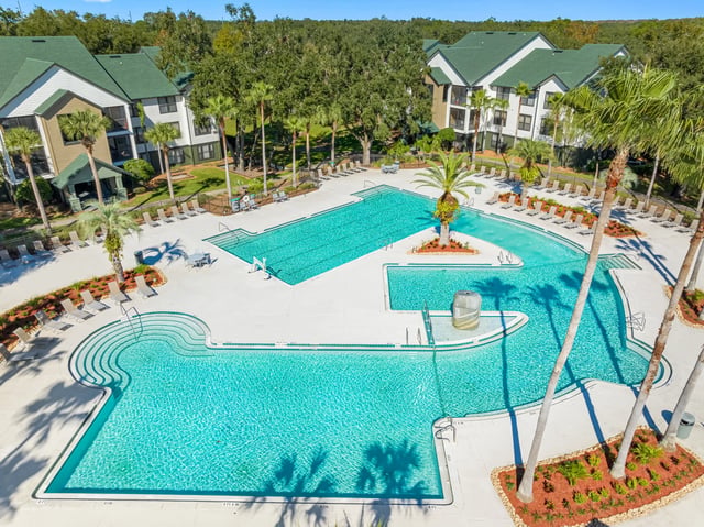 Resort style pool with lounge chairs exterior at Forest Lake in Lutz Student Accommodation