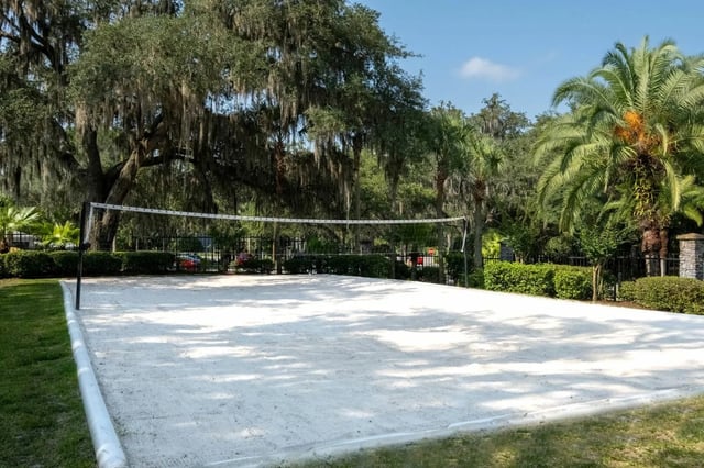 Sand volleyball court with net and trees outdoors court exterior at Gainesville Place in Gainesville Student Accommodation