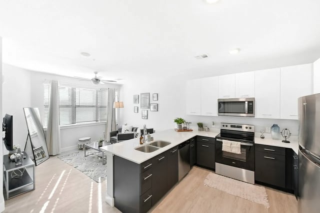 Modern kitchen with island and living area living room at Park Place Tampa in Tampa Student Accommodation