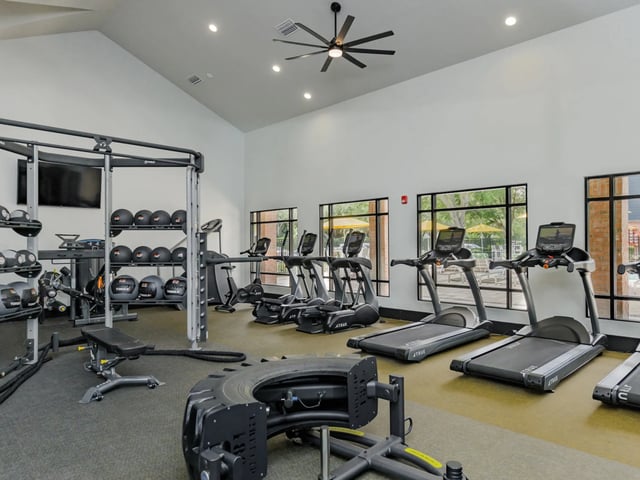 Treadmills weight rack and tire gym at Reflections in Tampa Student Accommodation