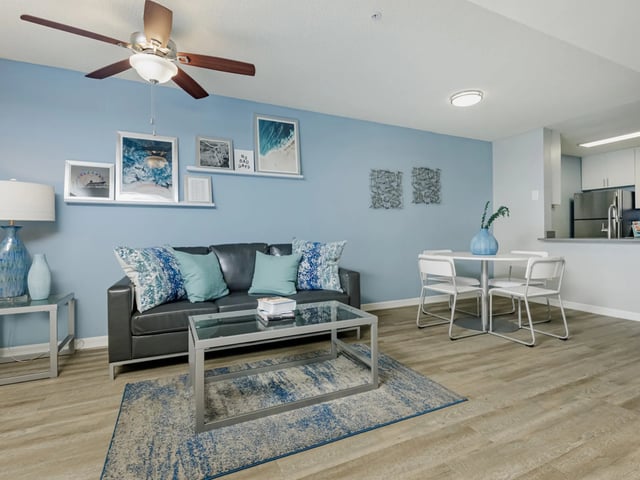 Sofa coffee table rug and dining table Living room at Reflections in Tampa Student Accommodation