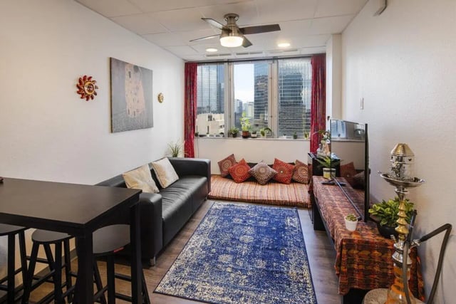 Sofa rug table artwork window city view living room at 220 Madison in Tampa Student Accommodation