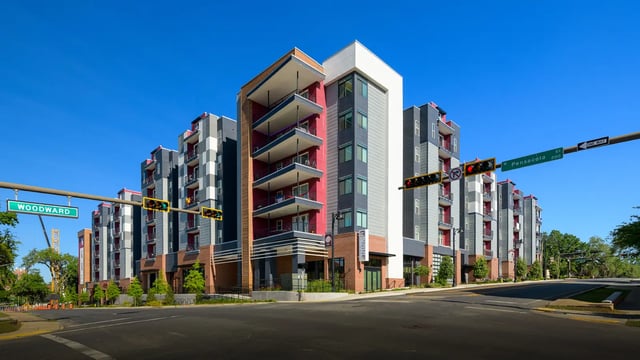 Modern apartment building with balconies exterior at The Nine at Tallahassee in Tallahassee Student Accommodation