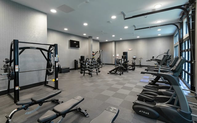Gym equipment including treadmills ellipticals and weights gym at The Nine at Tallahassee in Tallahassee Student Accommodation