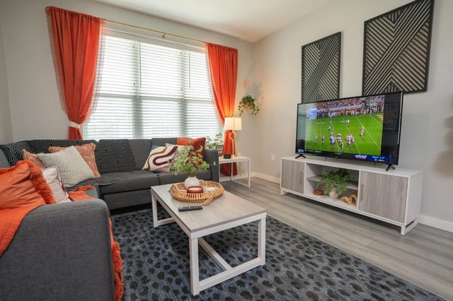 Sofa TV coffee table and rug Living room at The Nine at Tallahassee in Tallahassee Student Accommodation