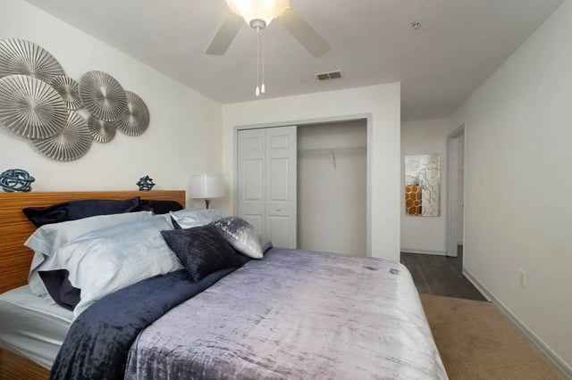 Bed with silver wall art and closet bedroom at The Landings Gainesville in Gainesville Student Accommodation