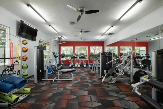 Weight machines exercise balls resistance bands fitness room at The Landings Gainesville in Gainesville Student Accommodation
