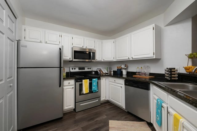 Stainless steel appliances white cabinets kitchen at The Landings Gainesville in Gainesville Student Accommodation