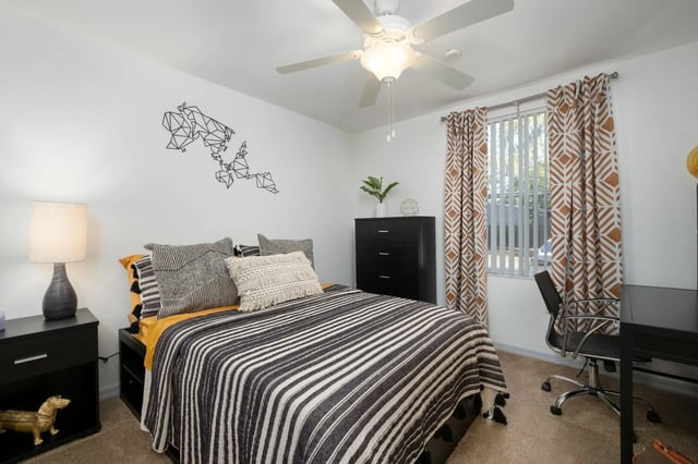 Striped bed black dresser desk chair window bedroom at The Landings Gainesville in Gainesville Student Accommodation