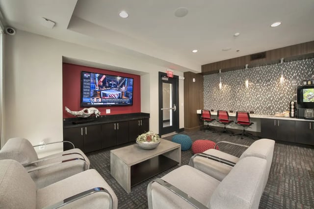 TV coffee table seating and study area lounge at Saga Tallahassee in Tallahassee Student Accommodation