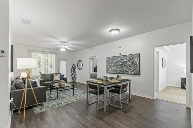 Sofa coffee table dining set living room at Lux 13 in Gainesville Student Accommodation
