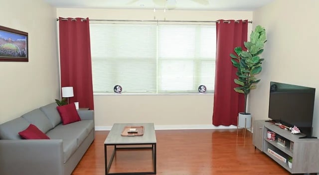 Gray sofa large windows red curtains television living room at Burt Reynolds Hall in Tallahassee Student Accommodation