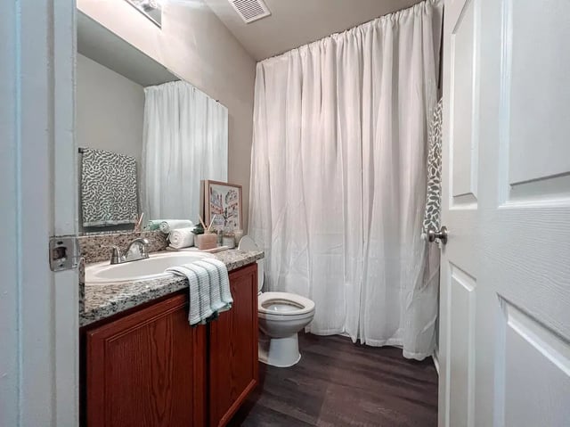 Sink vanity toilet white shower curtain bathroom at Elevate on Cascade in Tallahassee Student Accommodation