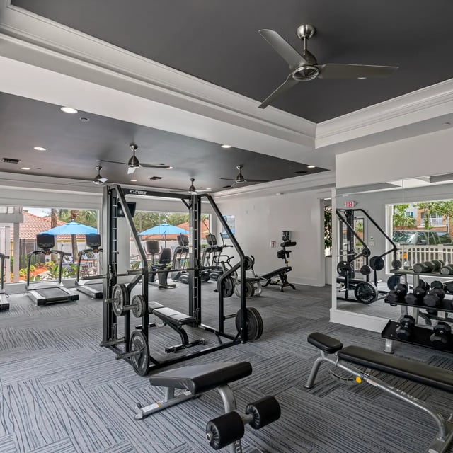 Weight machines treadmills benches and dumbbells Gym at VUE Tampa in Tampa Student Accommodation