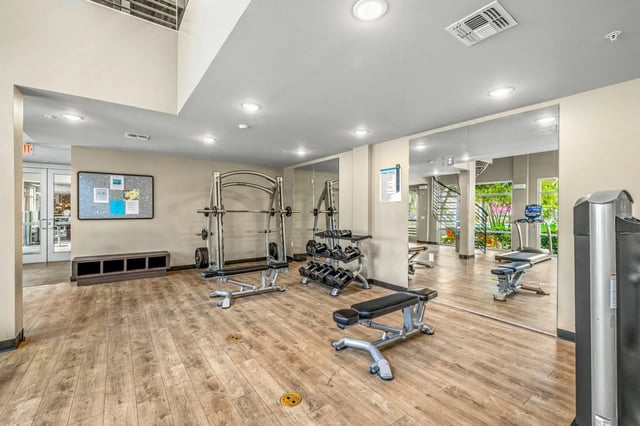 Weight racks benches treadmill fitness center at IQ Apartments in Tampa Student Accommodation