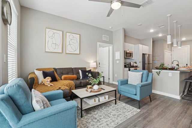 Sofa, chairs, coffee table, kitchen living room at The Metropolitan Tampa in Tampa Student Accommodation
