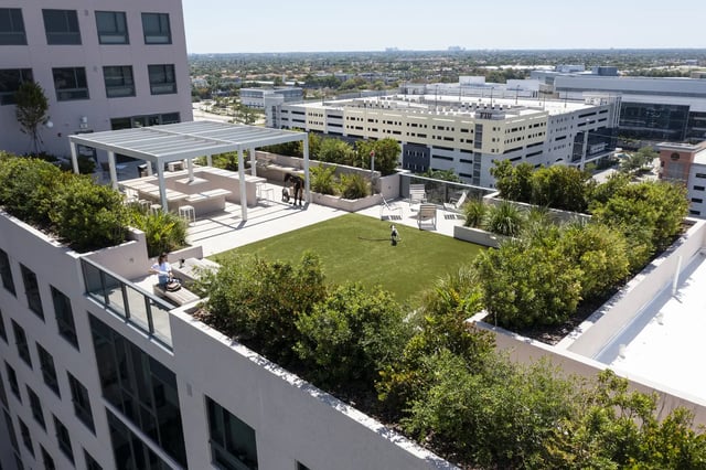 Rooftop terrace with seating dog area and greenery Exterior at The One at University City in Miami Student Accommodation