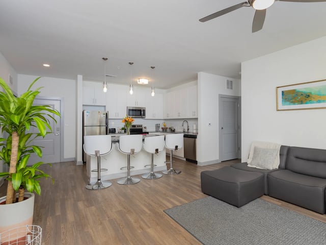 Modern kitchen with island bar and living room living area at College Park at Midtown in Gainesville Student Accommodation