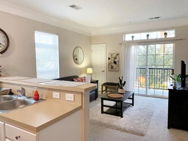 Kitchen sink couch coffee table living room at The Flats at 4200 in Tampa Student Accommodation