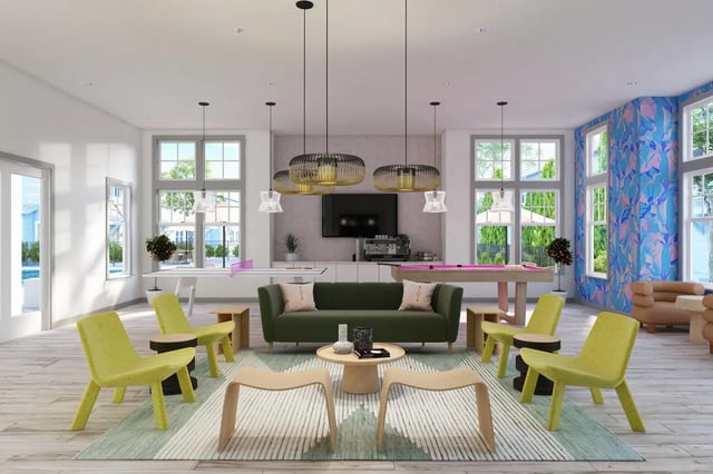 Green sofa ping pong table pool table living room at Aspen Tampa in Tampa Student Accommodation