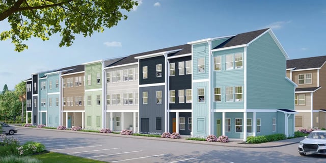 Colorful townhouses with balconies parking lot exterior at Aspen Tampa in Tampa Student Accommodation