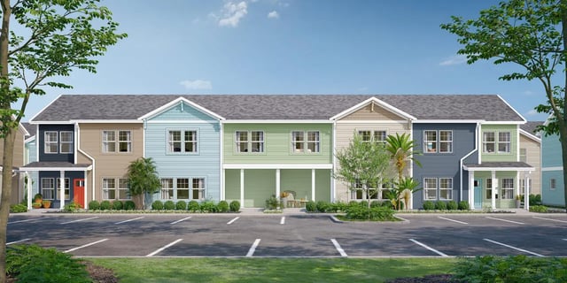 Colorful townhouses with parking lot exterior at Aspen Tampa in Tampa Student Accommodation