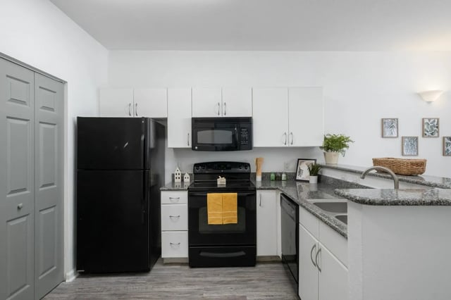 Black refrigerator white cabinets granite counters kitchen at The Enclave in Gainesville Student Accommodation