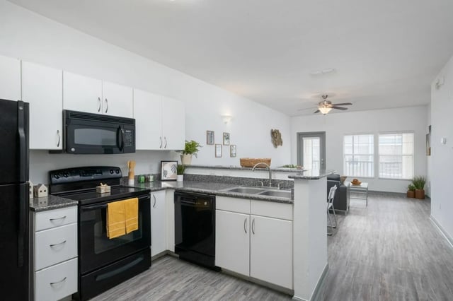 Modern kitchen with black appliances and white cabinets kitchen at The Enclave in Gainesville Student Accommodation