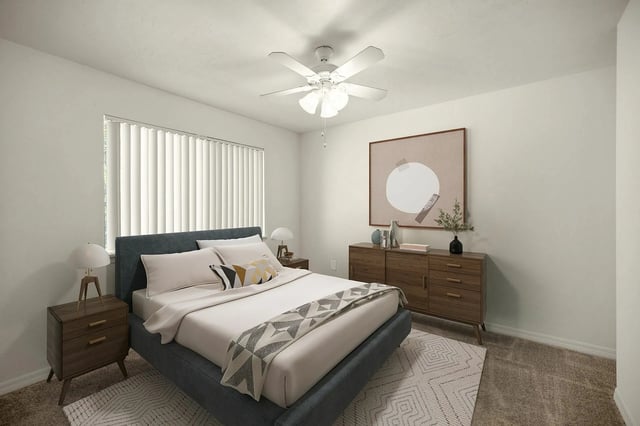 Bed dresser nightstand lamp abstract art bedroom at Greenwich Green Aspen Ridge in Gainesville Student Accommodation