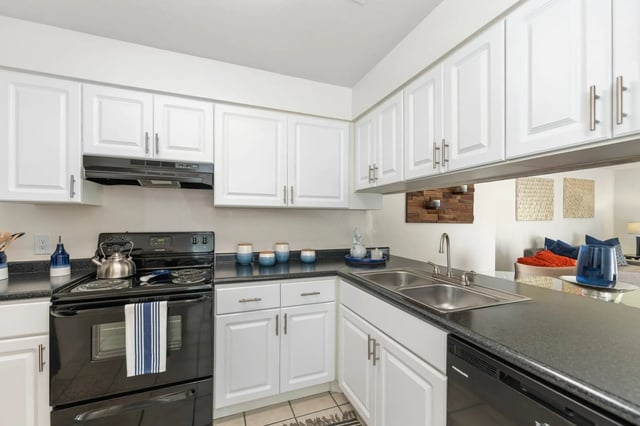 White cabinets black stove sink kitchen at Greenwich Green Aspen Ridge in Gainesville Student Accommodation