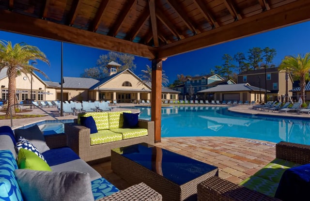 Wicker lounge chairs and pool outside building exterior at The Retreat at Gainesville in Gainesville Student Accommodation