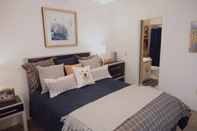 Bed with pillows artwork nightstand bathroom bedroom at Spyglass Apartments in Gainesville Student Accommodation