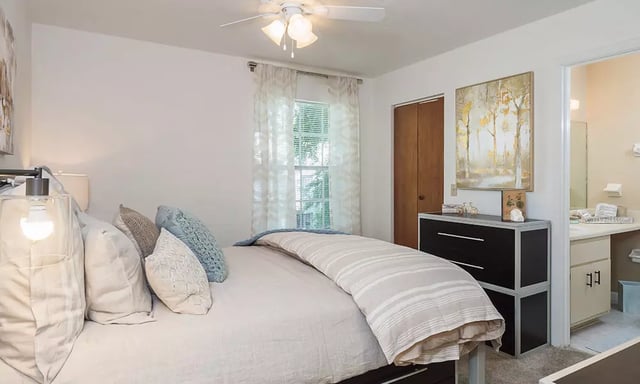 Bed dresser painting and bathroom vanity bedroom at Spyglass Apartments in Gainesville Student Accommodation