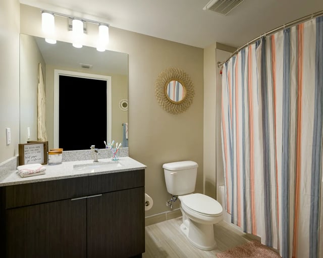 Vanity toilet shower curtain striped bathroom at The Standard at Coral Gables in Miami Student Accommodation