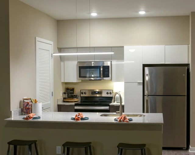 Modern kitchen with stainless steel appliances and bar kitchen at The Standard at Coral Gables in Miami Student Accommodation