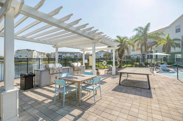 BBQ grills dining table lounge chairs outdoor area at The Lofts Orlando in Orlando Student Accommodation