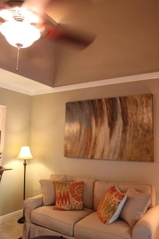 Sofa with pillows artwork and ceiling fan living room at Upper Westside Apartments in Gainesville Student Accommodation