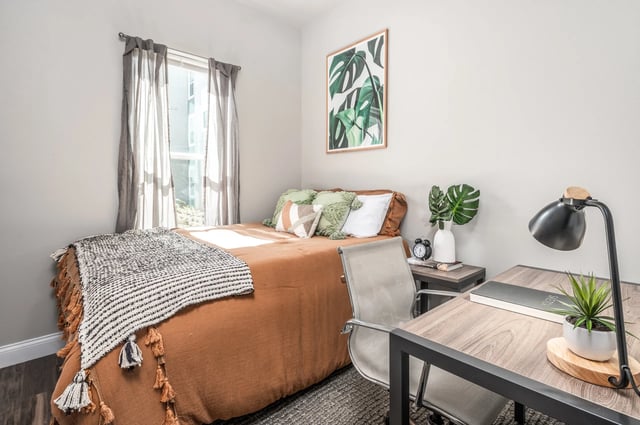 Bed desk chair with plants and artwork Bedroom at The Aves @ Twelve 100 in Orlando Student Accommodation