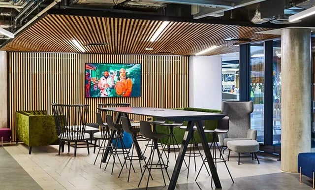 Long table bar stools green sofa television communal area at Collegiate Eclipse in Cardiff Student Accommodation