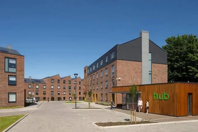 Brick buildings with a hub sign exterior at Denton Holme in Carlisle Student Accommodation