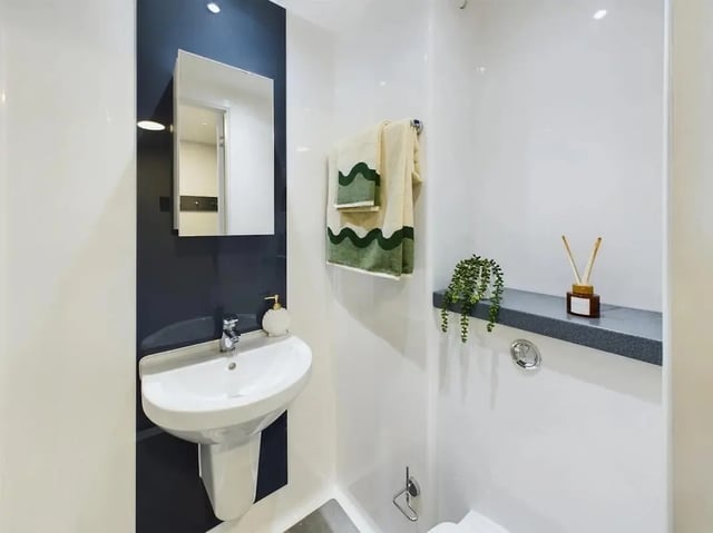 Sink mirror towels plant diffuser bathroom at Ravilious House in Brighton Student Accommodation