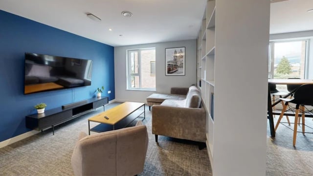 Sofa TV coffee table and dining set Living room at Ash Grove Court - Guildford in Guildford Student Accommodation