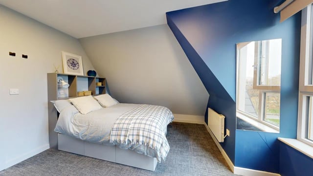 Bed with shelf headboard mirror on blue wall bedroom at Ash Grove Court - Guildford in Guildford Student Accommodation