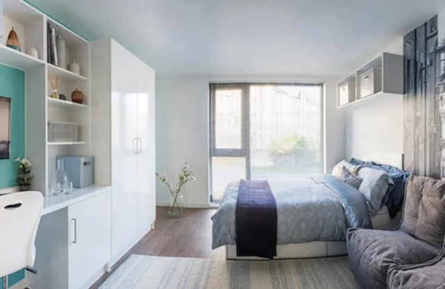 Bed study area wardrobe and chair bedroom at Gateway Apartments in Edinburgh Student Accommodation