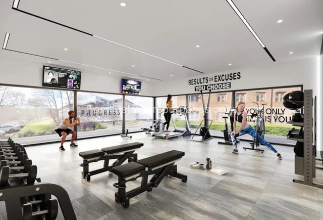 People exercising with gym equipment fitness area at Sizer Court in Preston Student Accommodation