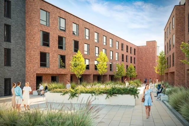 Modern student accommodation courtyard with people exterior at Sizer Court in Preston Student Accommodation