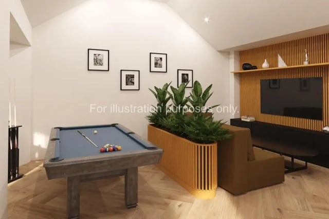 Pool table plants sofa television wall art Living room at Waterloo House in York Student Accommodation