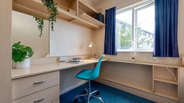 Desk plant lamp chair window and shelves study area at Collegiate Upper Quay House in Gloucester Student Accommodation
