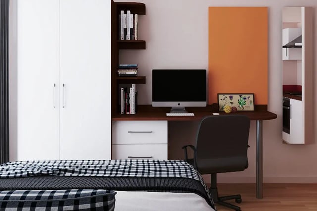 Bed wardrobe desk computer chair bedroom study area at Pavillion - Birmingham in Birmingham Student Accommodation