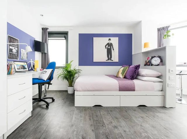 Desk bed plant Charlie Chaplin artwork bedroom at Yugo Ablett House in Liverpool Student Accommodation